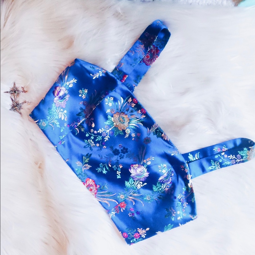 Contemporary Oriental style silk blue crop top